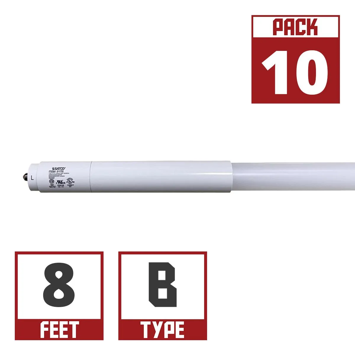 10 Pack - 8ft T8 LED Bulb, 5500lm, 40K|50K|65K, Fa8 Base, Ballast Bypass, Single|Dual End