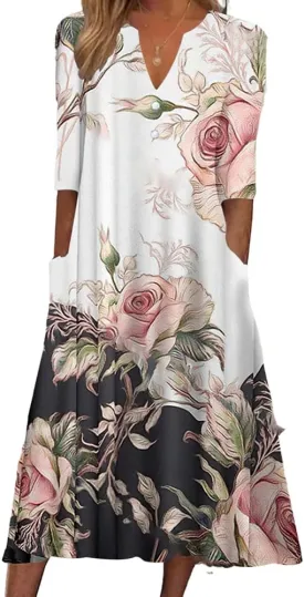 Akivide Womens Summer Boho V Neck Floral Print Half Sleeve Dress Casual Button Midi Dresses for Women with Pockets 2024