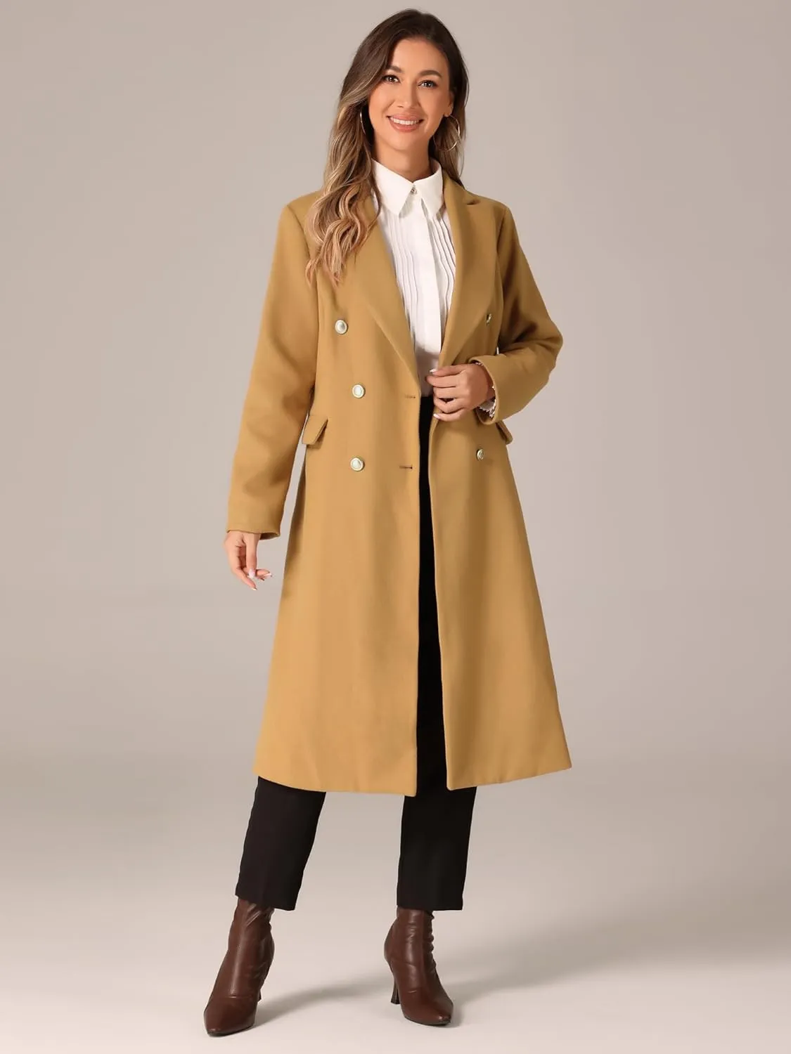 Allegra K Double Breasted Coat for Women's Notched Lapel Collar Classic Winter Overwear