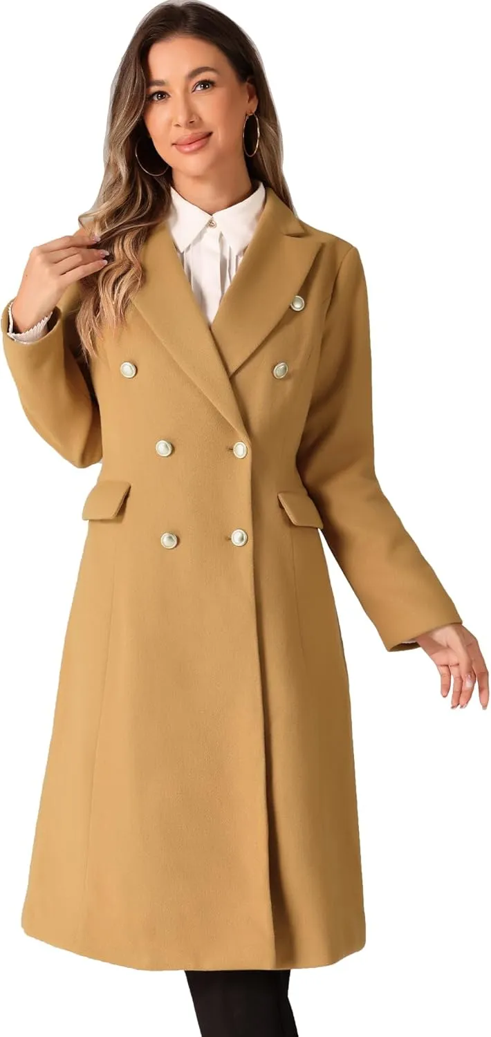 Allegra K Double Breasted Coat for Women's Notched Lapel Collar Classic Winter Overwear