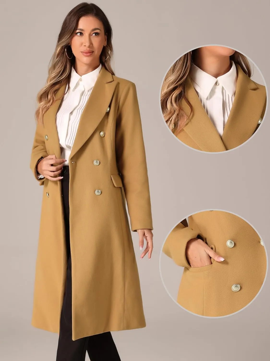 Allegra K Double Breasted Coat for Women's Notched Lapel Collar Classic Winter Overwear