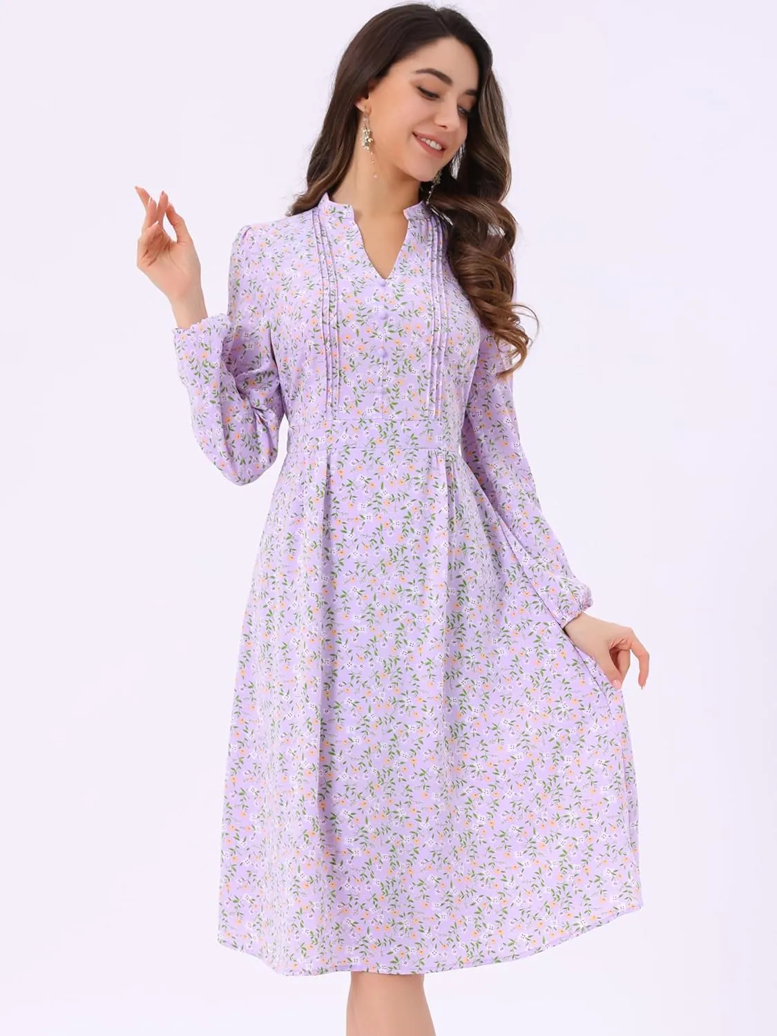 Allegra K Women's Floral Print V Neck Long Sleeve High Waist Pleated Front Spring Flowy Midi Boho Dress
