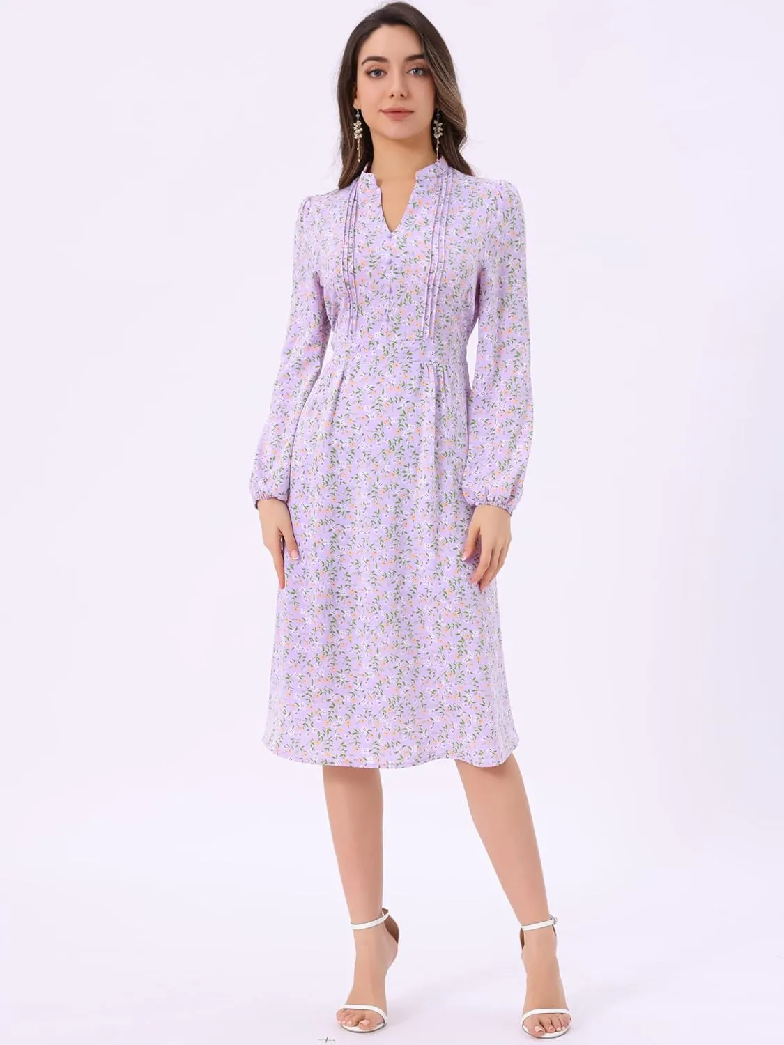 Allegra K Women's Floral Print V Neck Long Sleeve High Waist Pleated Front Spring Flowy Midi Boho Dress