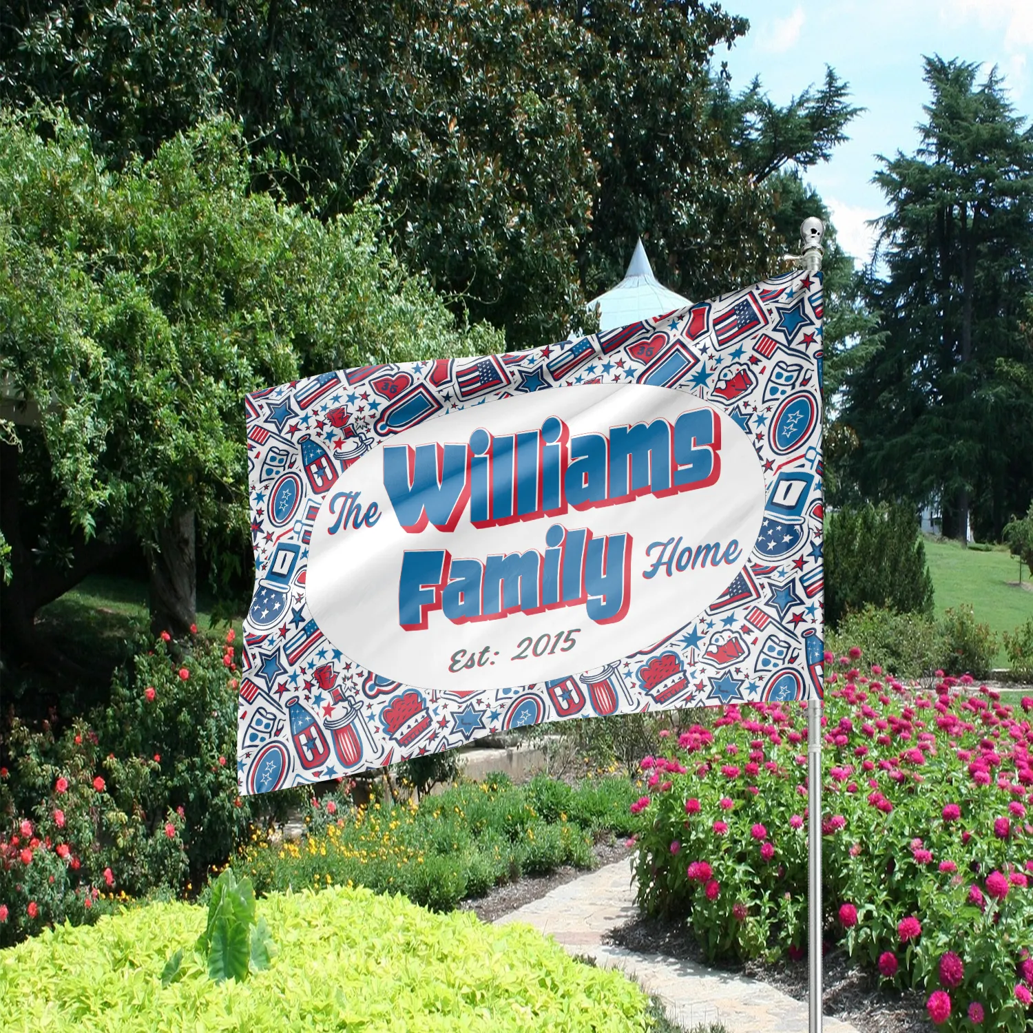 Custom Patriotic House Flag: Personalized Family Last Name Est. Year Garden Sign - Double Sided, UV Resistant Polyester - Multiple Sizes - Outdoor Decoration