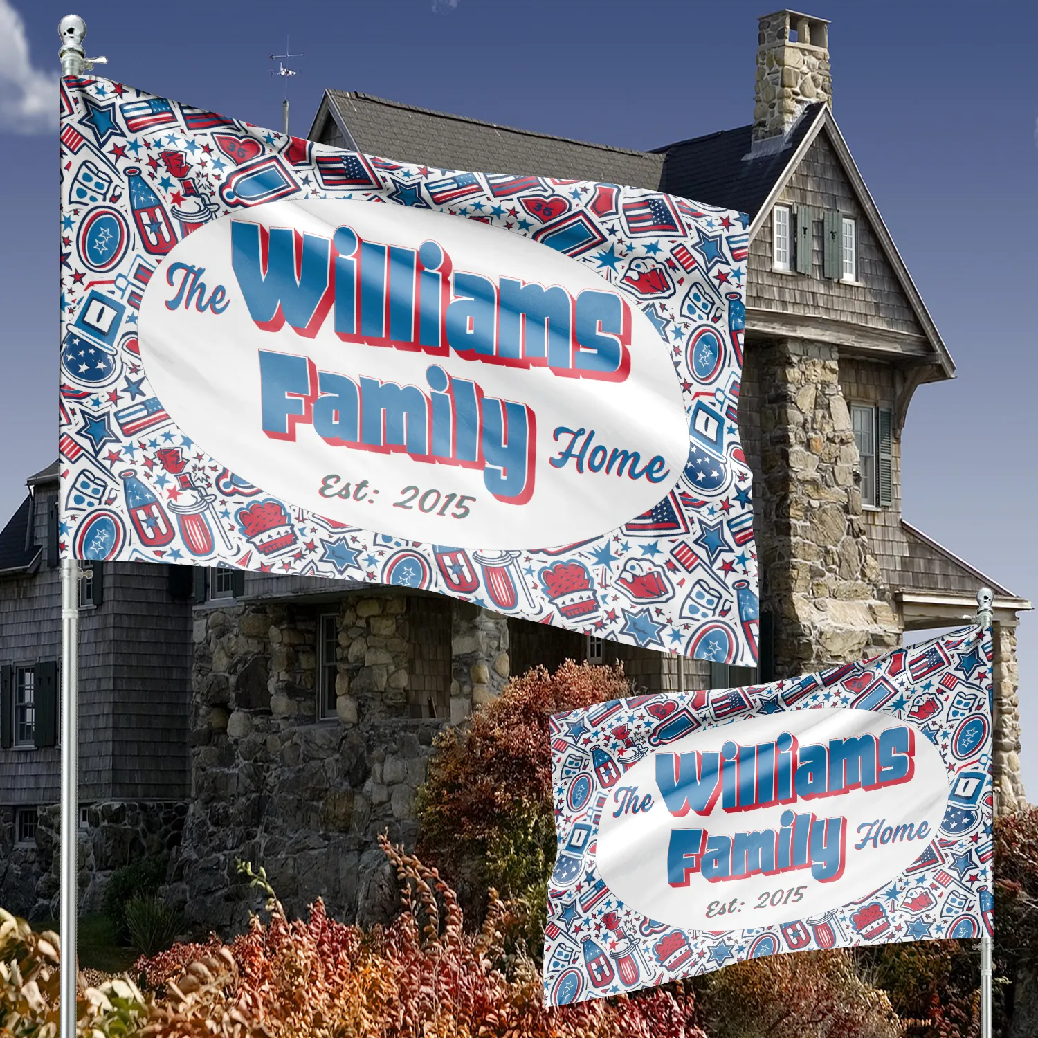 Custom Patriotic House Flag: Personalized Family Last Name Est. Year Garden Sign - Double Sided, UV Resistant Polyester - Multiple Sizes - Outdoor Decoration