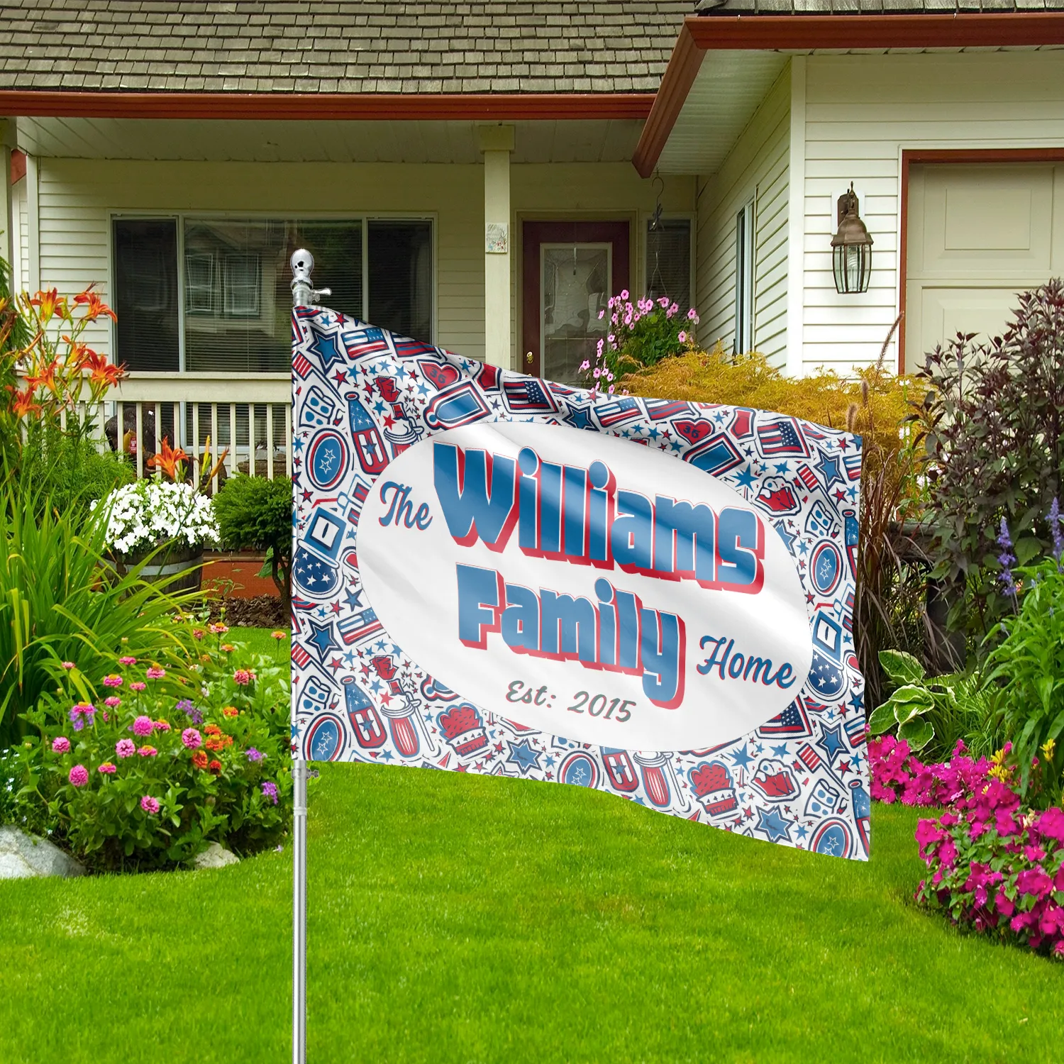 Custom Patriotic House Flag: Personalized Family Last Name Est. Year Garden Sign - Double Sided, UV Resistant Polyester - Multiple Sizes - Outdoor Decoration