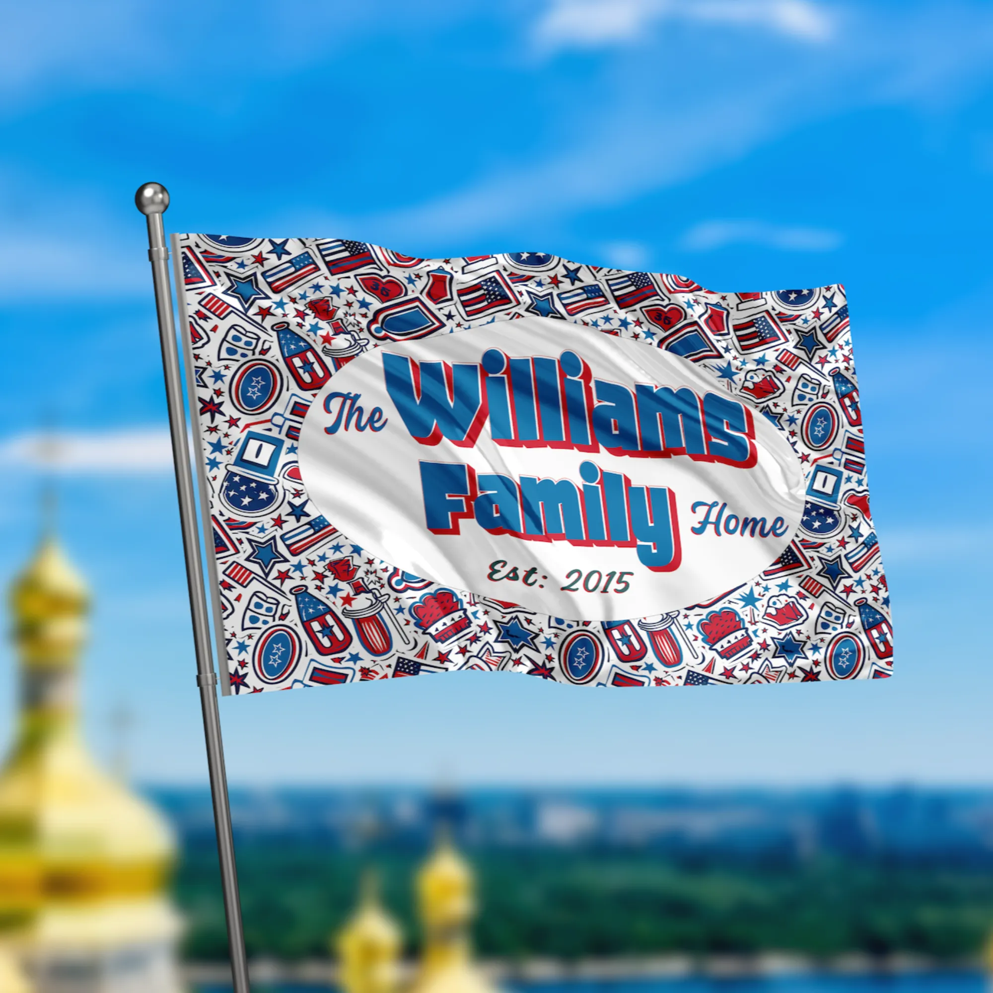 Custom Patriotic House Flag: Personalized Family Last Name Est. Year Garden Sign - Double Sided, UV Resistant Polyester - Multiple Sizes - Outdoor Decoration