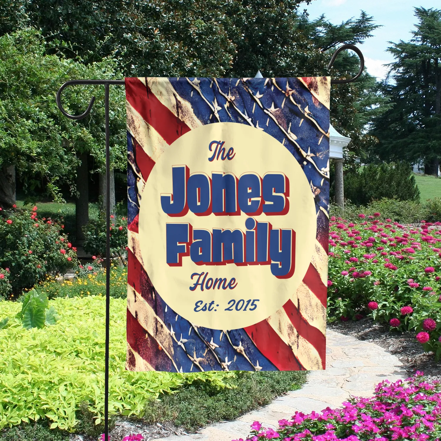 Custom Patriotic House Flag: Personalized Family Last Name Est. Year Garden Sign - Double Sided, UV Resistant Polyester - Various Sizes - Outdoor Decoration