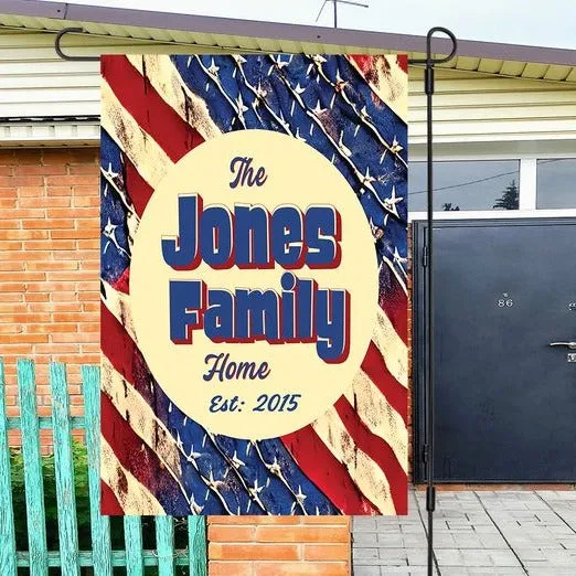 Custom Patriotic House Flag: Personalized Family Last Name Est. Year Garden Sign - Double Sided, UV Resistant Polyester - Various Sizes - Outdoor Decoration