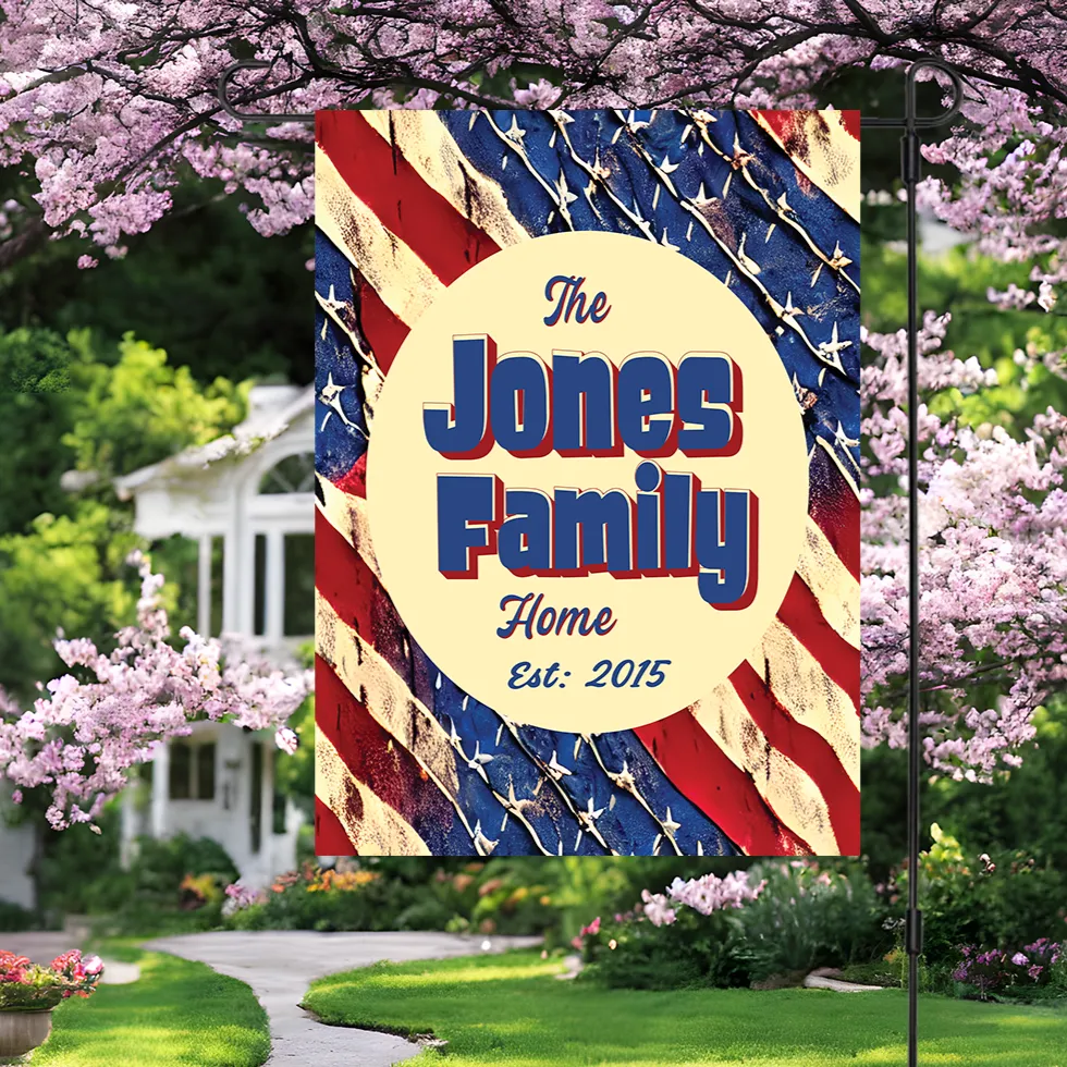 Custom Patriotic House Flag: Personalized Family Last Name Est. Year Garden Sign - Double Sided, UV Resistant Polyester - Various Sizes - Outdoor Decoration