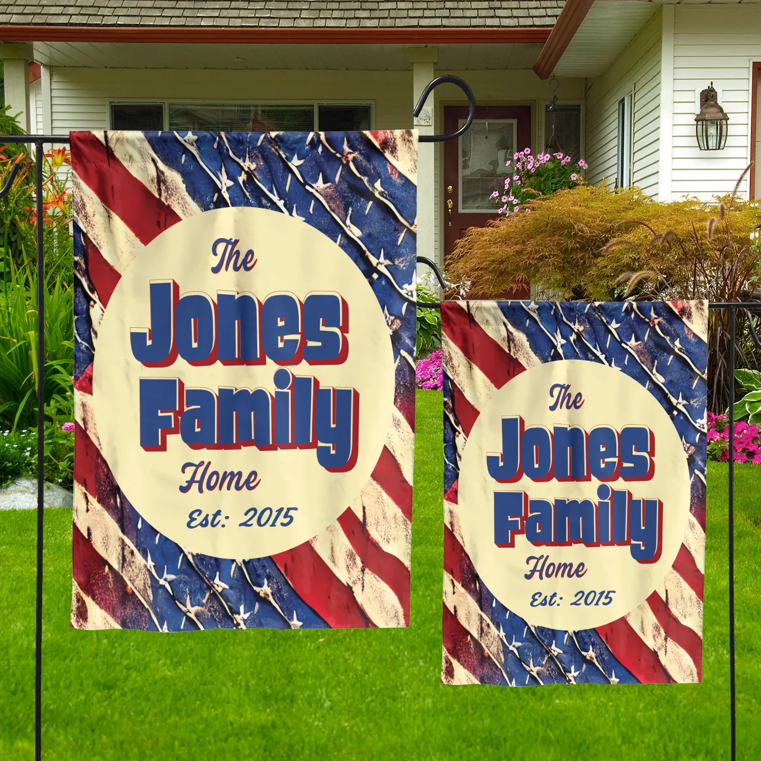 Custom Patriotic House Flag: Personalized Family Last Name Est. Year Garden Sign - Double Sided, UV Resistant Polyester - Various Sizes - Outdoor Decoration