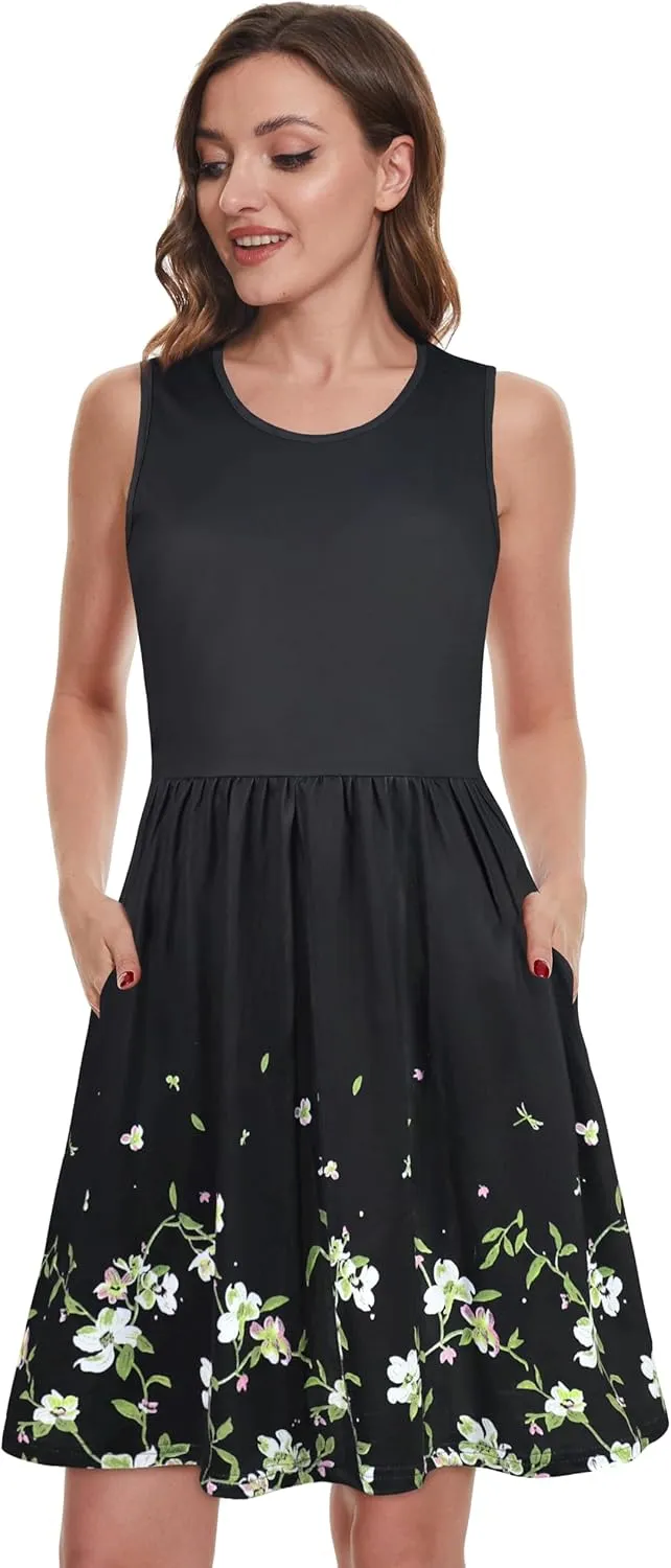 elescat Summer Dresses for Women Casual Sleeveless Tshirt Beach Flowy Tank Sundresses with Pockets