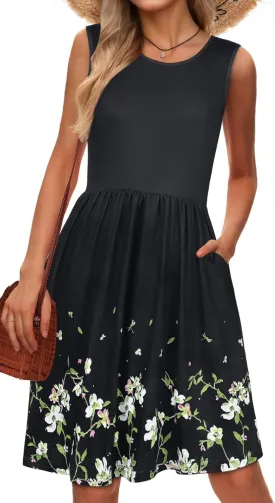 elescat Summer Dresses for Women Casual Sleeveless Tshirt Beach Flowy Tank Sundresses with Pockets