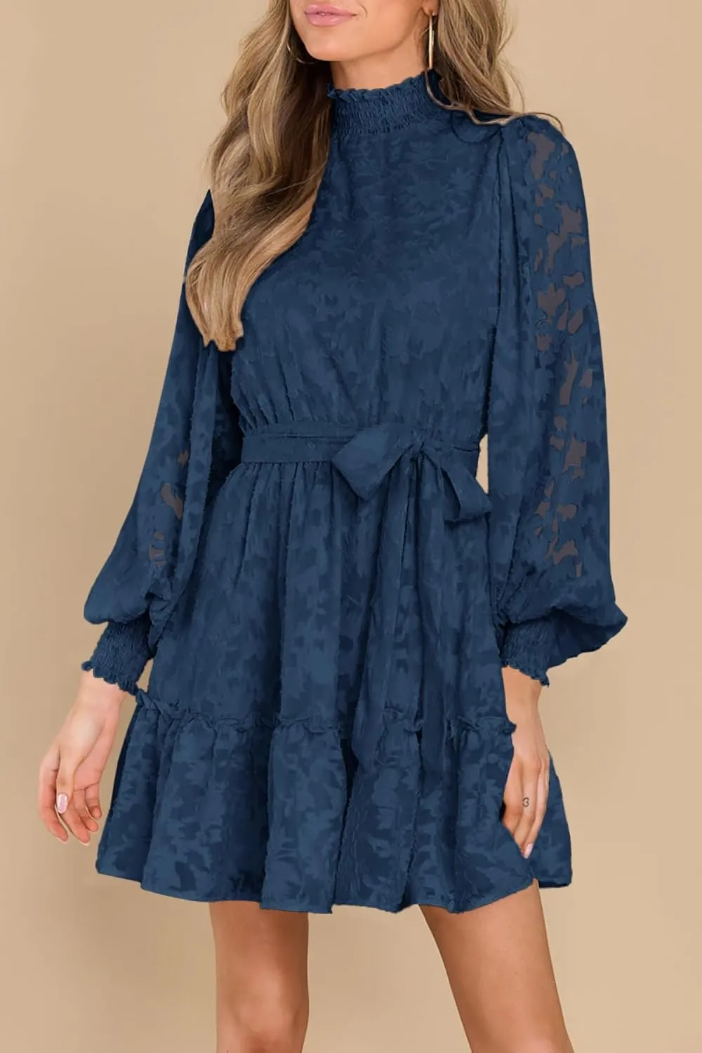 Ferlema Womens 2024 Long Puff Sleeve Smocked High Neck Tie Waist Floral Lace A Line Flowy Party Mini Dress