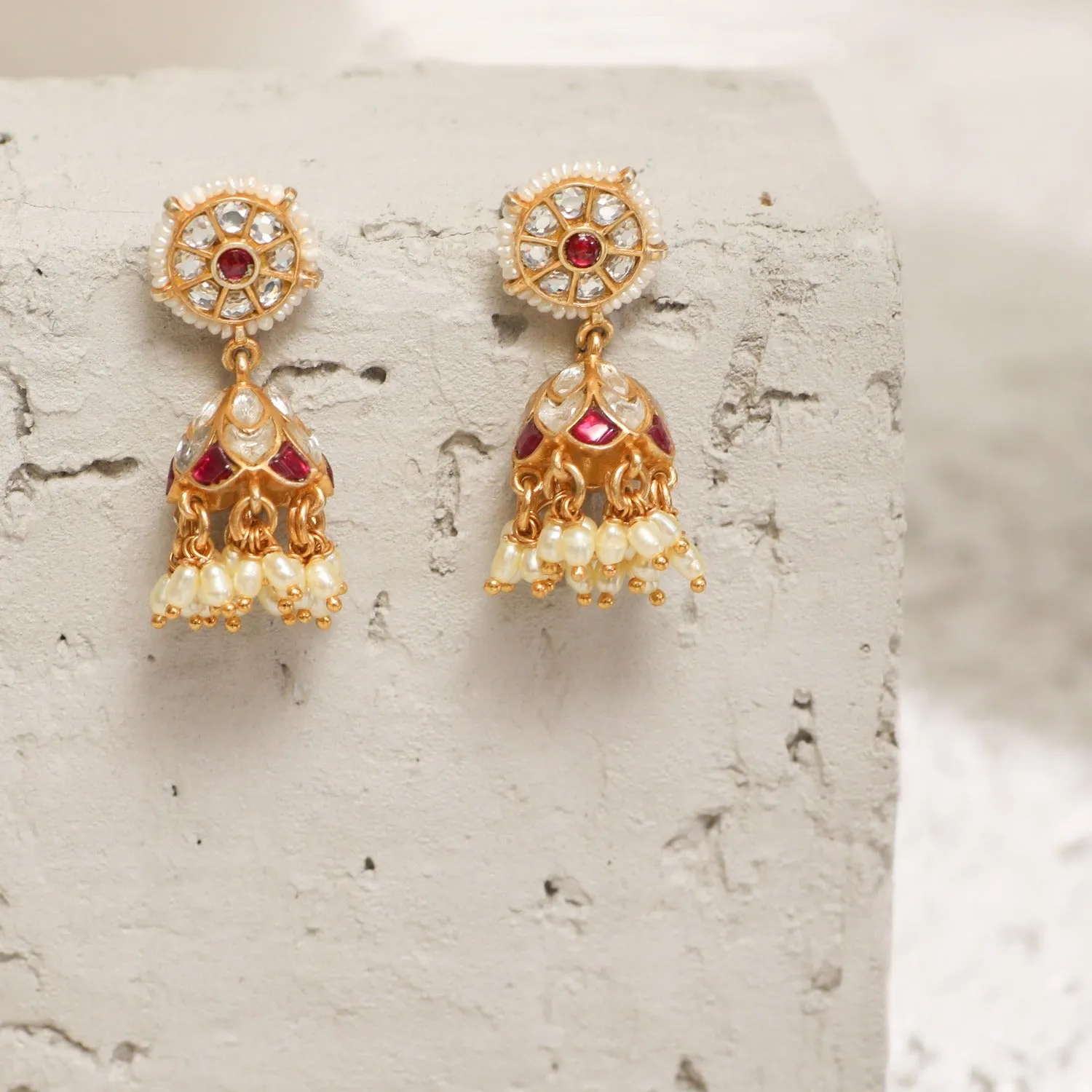 Gool Kempu Jadau Silver Jhumka Earrings