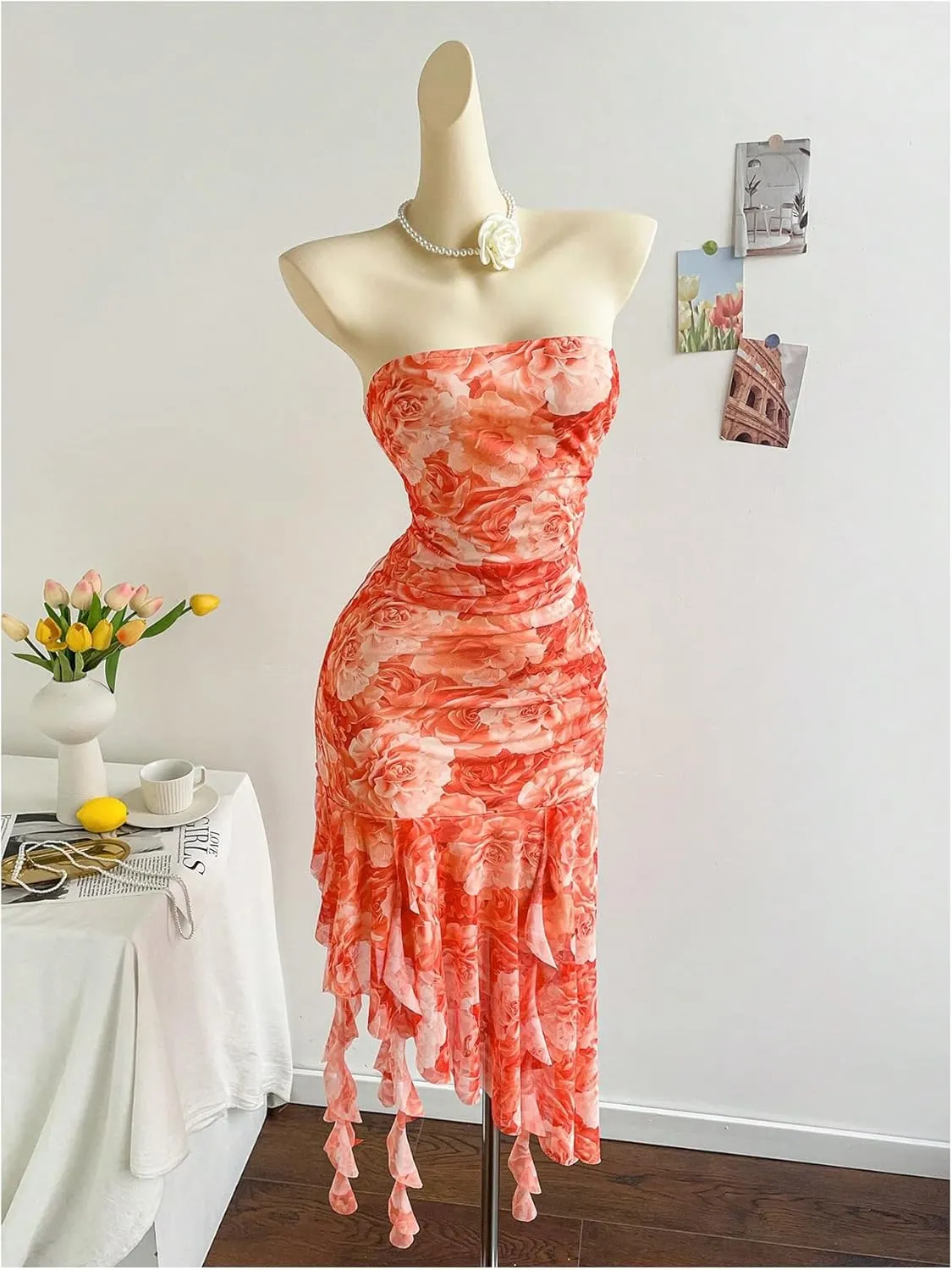 GORGLITTER Women's Floral Boho Ruched Bodycon Midi Dress Strapless Asymmetrical Hem Ruffle Dresses