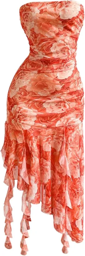 GORGLITTER Women's Floral Boho Ruched Bodycon Midi Dress Strapless Asymmetrical Hem Ruffle Dresses