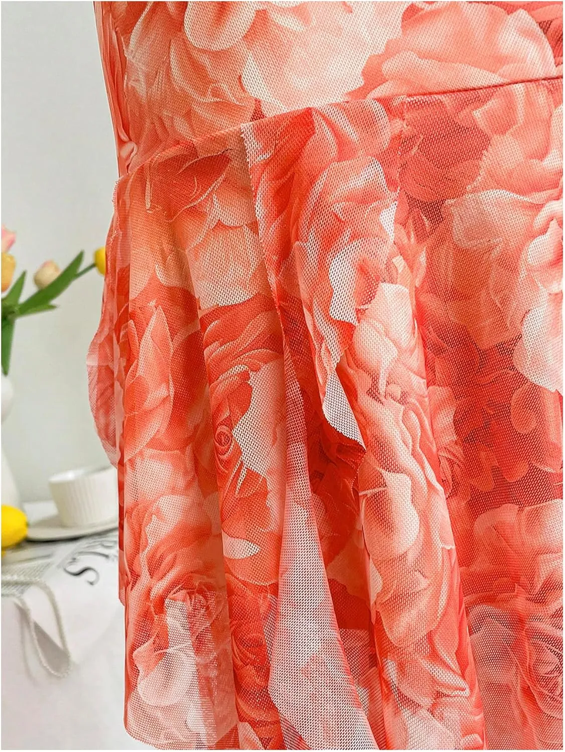 GORGLITTER Women's Floral Boho Ruched Bodycon Midi Dress Strapless Asymmetrical Hem Ruffle Dresses
