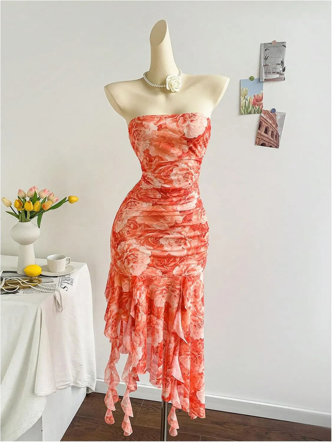 GORGLITTER Women's Floral Boho Ruched Bodycon Midi Dress Strapless Asymmetrical Hem Ruffle Dresses