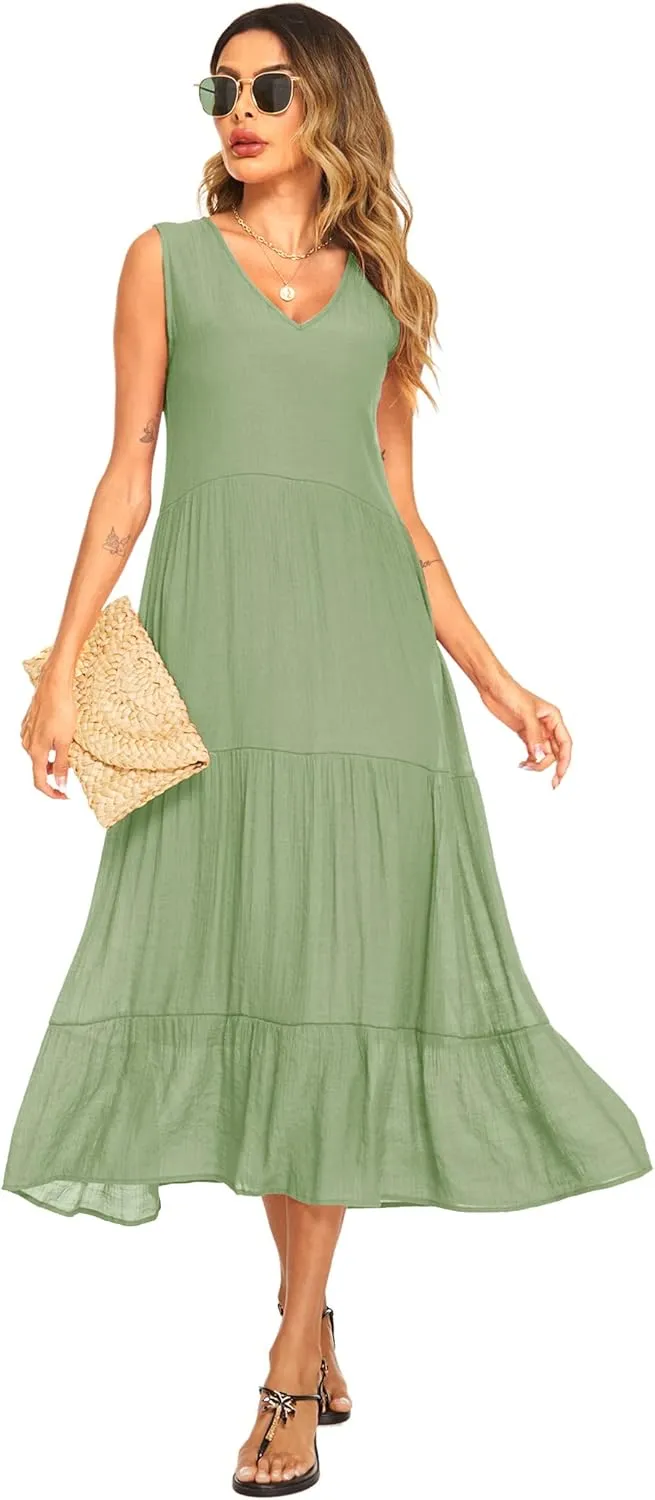Halife Women's Summer Casual Maxi Dresses Flowy Ruffle Boho Long Dresses with Pockets