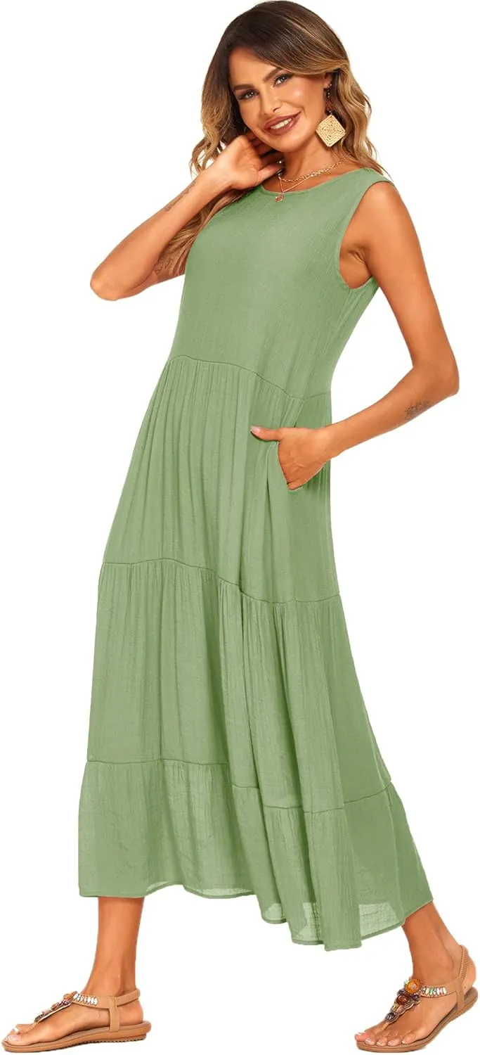 Halife Women's Summer Casual Maxi Dresses Flowy Ruffle Boho Long Dresses with Pockets