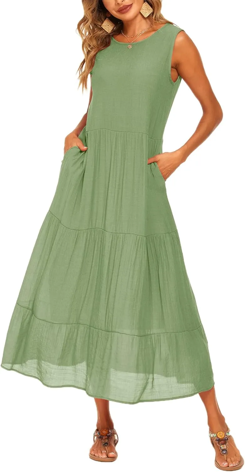 Halife Women's Summer Casual Maxi Dresses Flowy Ruffle Boho Long Dresses with Pockets