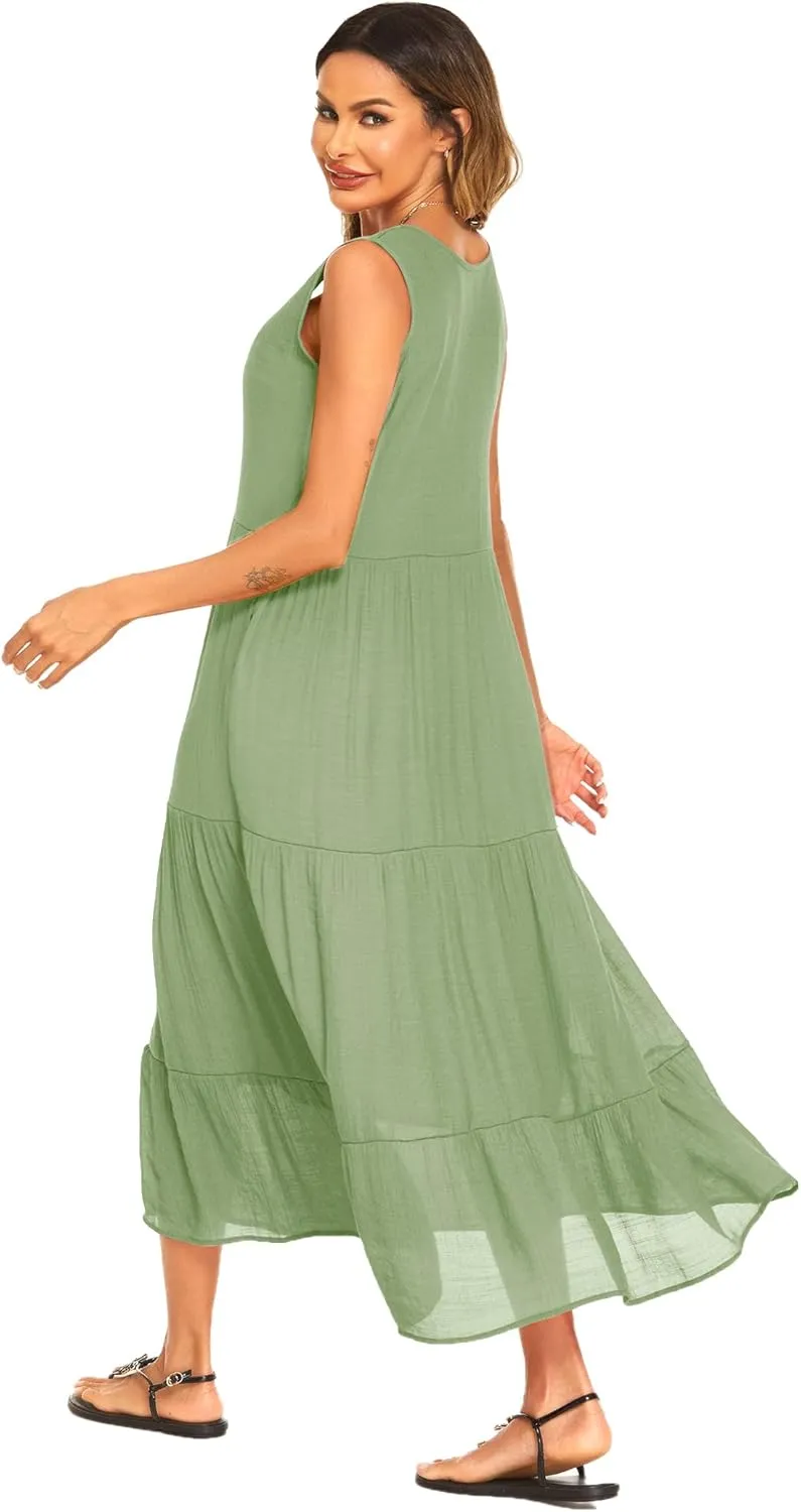 Halife Women's Summer Casual Maxi Dresses Flowy Ruffle Boho Long Dresses with Pockets