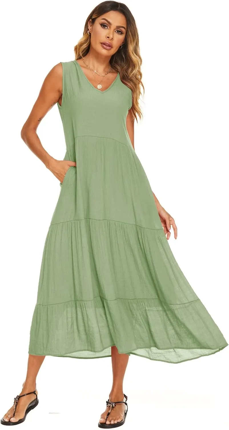 Halife Women's Summer Casual Maxi Dresses Flowy Ruffle Boho Long Dresses with Pockets