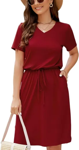 HUSKARY Women Summer Casual Midi Dresses Short Sleeve V Neck Drawstring Knee Length T Shirt Dress with Split and Pocket