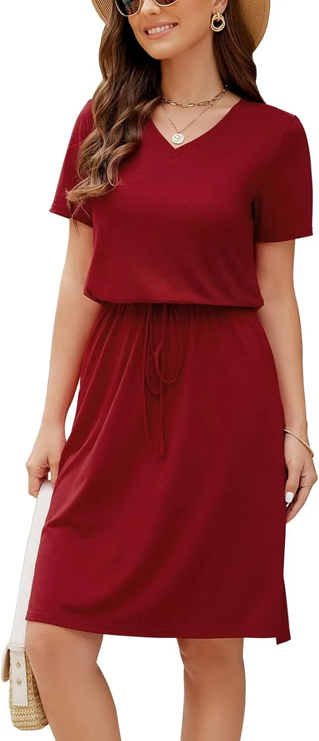HUSKARY Women Summer Casual Midi Dresses Short Sleeve V Neck Drawstring Knee Length T Shirt Dress with Split and Pocket