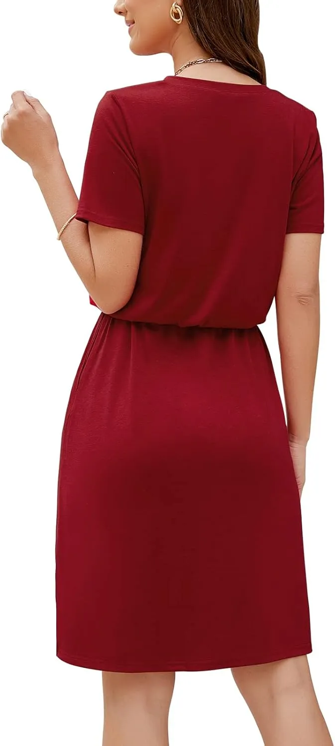 HUSKARY Women Summer Casual Midi Dresses Short Sleeve V Neck Drawstring Knee Length T Shirt Dress with Split and Pocket