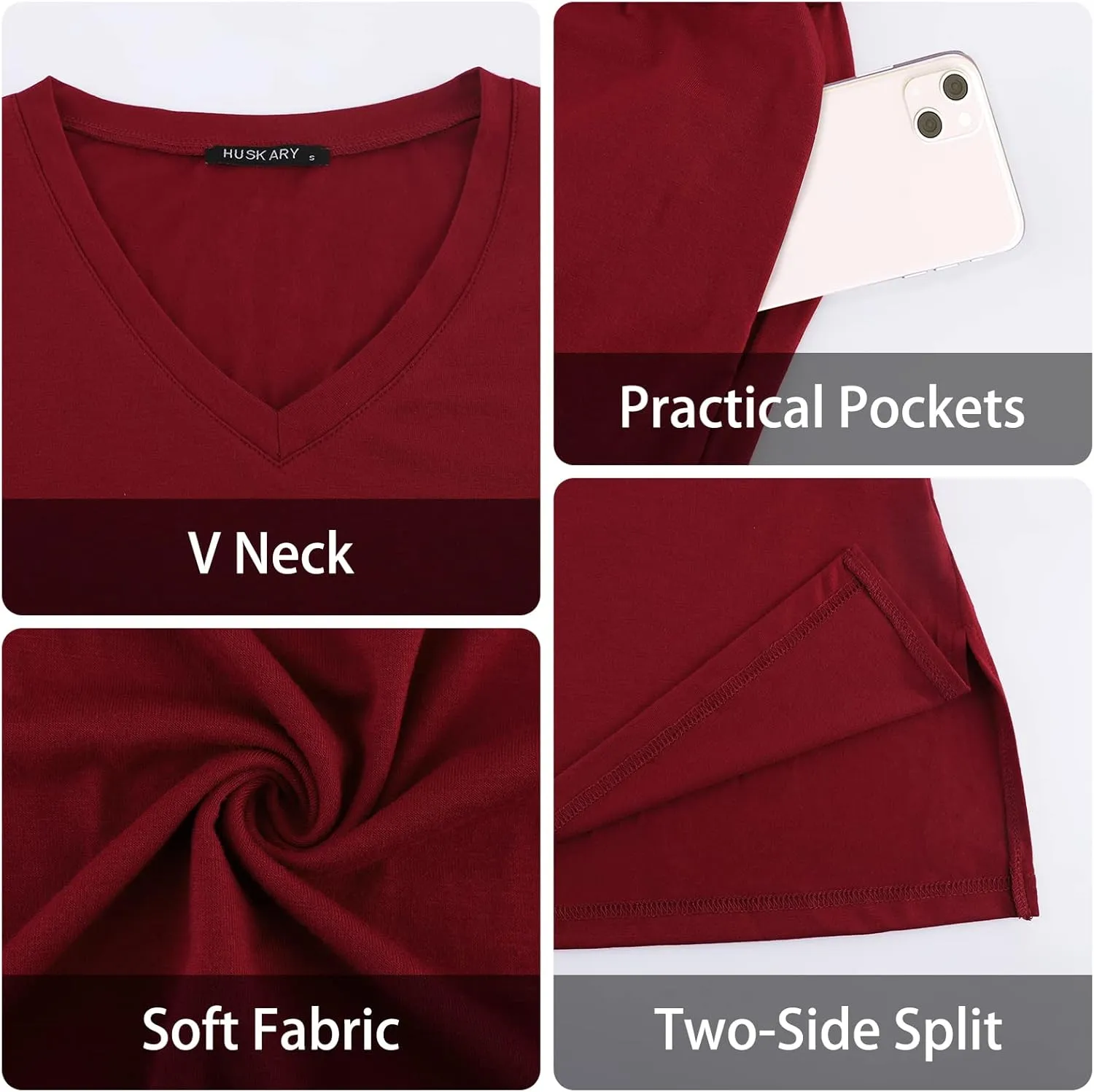 HUSKARY Women Summer Casual Midi Dresses Short Sleeve V Neck Drawstring Knee Length T Shirt Dress with Split and Pocket