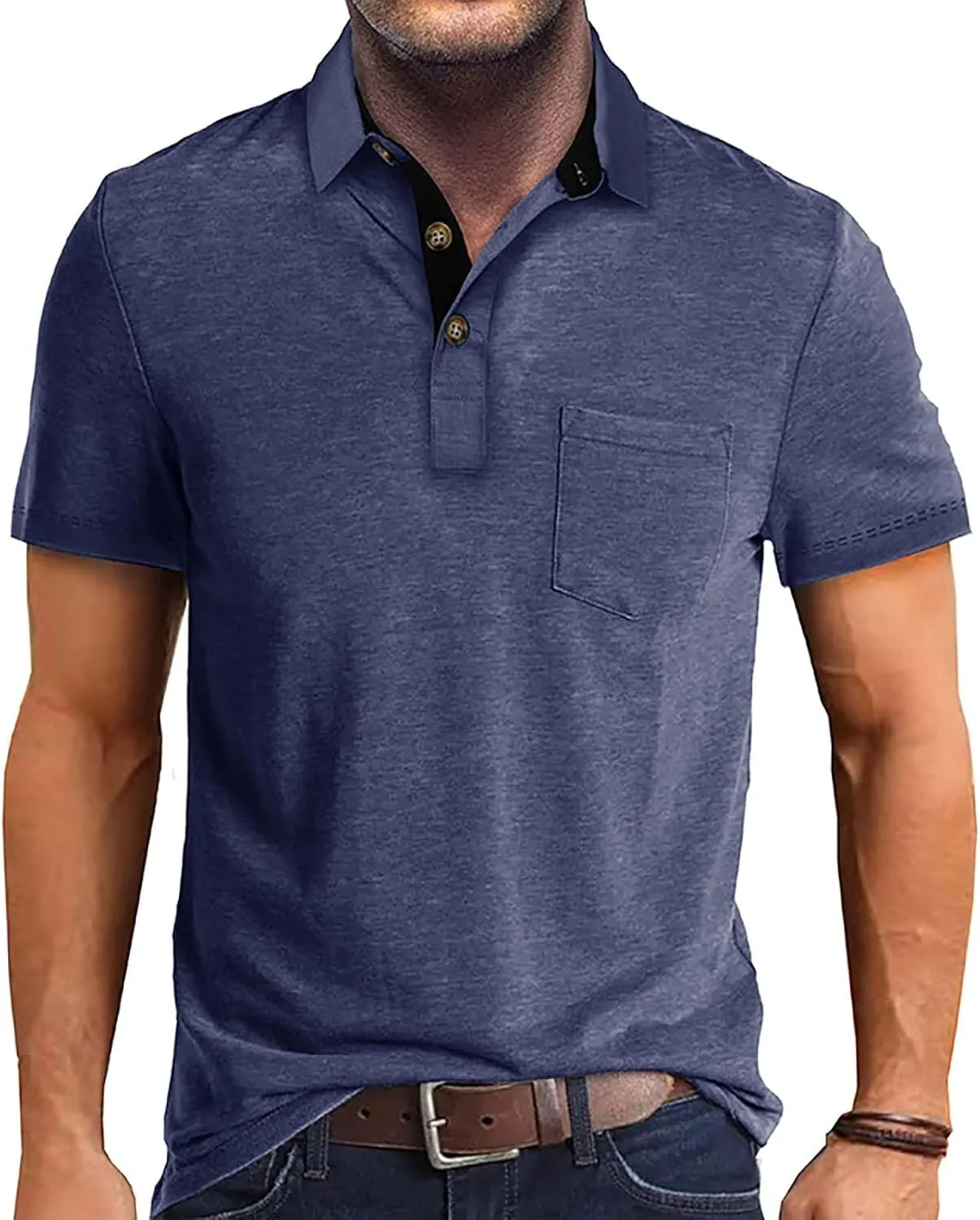 HXHYQKP Men's Polo Shirts Summer Short Sleeve Casual 3 Button T-Shirts Classic Basic Golf Work Tees Tops with Pocket