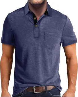 HXHYQKP Men's Polo Shirts Summer Short Sleeve Casual 3 Button T-Shirts Classic Basic Golf Work Tees Tops with Pocket