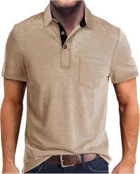 HXHYQKP Men's Polo Shirts Summer Short Sleeve Casual 3 Button T-Shirts Classic Basic Golf Work Tees Tops with Pocket