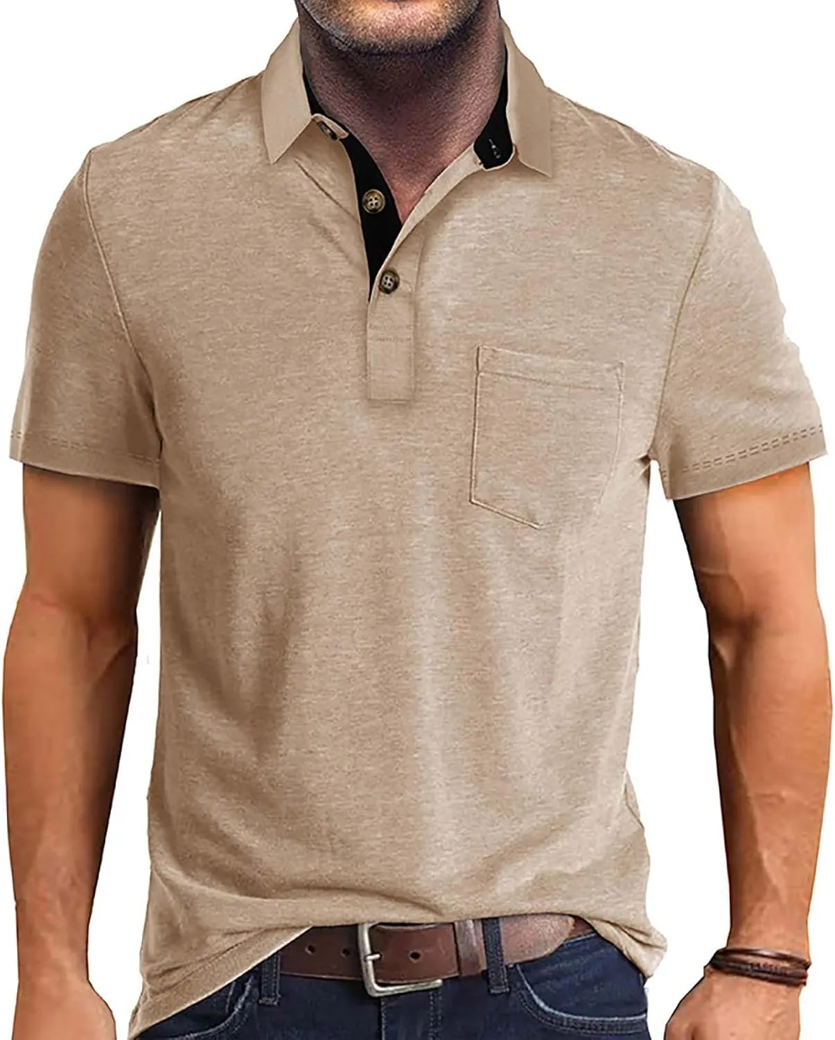 HXHYQKP Men's Polo Shirts Summer Short Sleeve Casual 3 Button T-Shirts Classic Basic Golf Work Tees Tops with Pocket