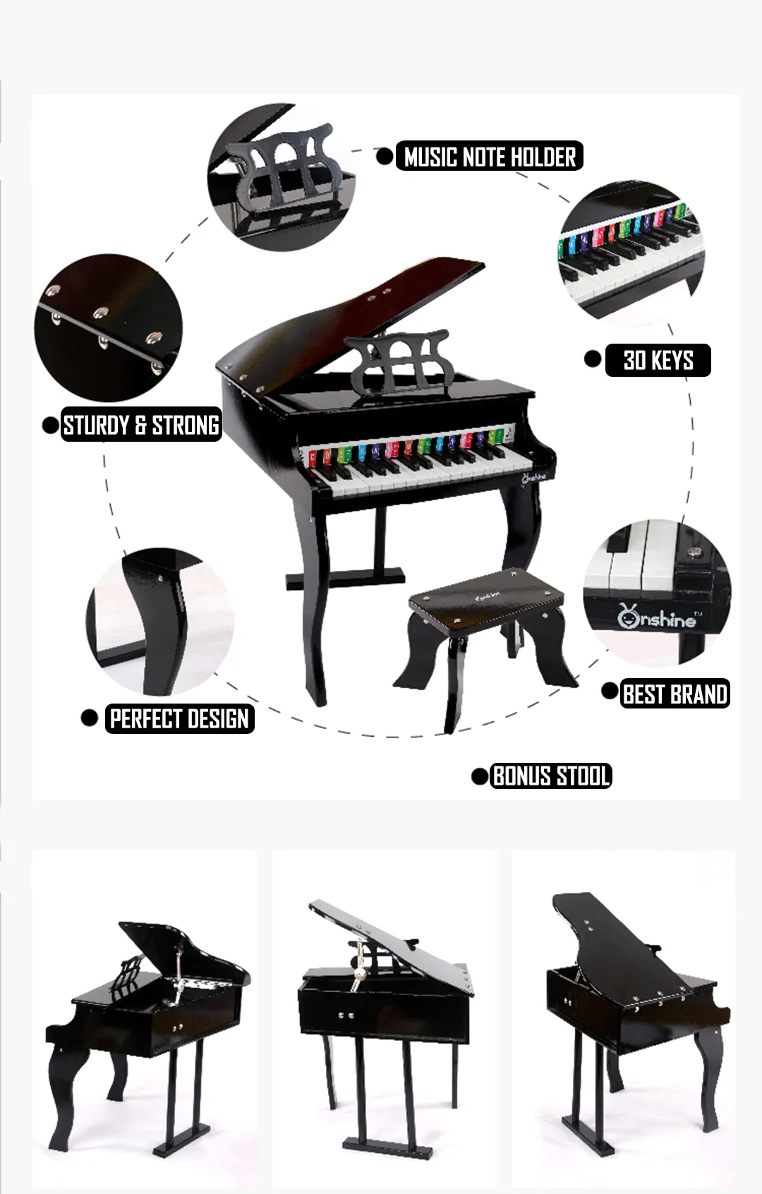 Kids Wooden Pretend Musical Toy Baby Children Grand Style Toy Mini 30 Key Piano