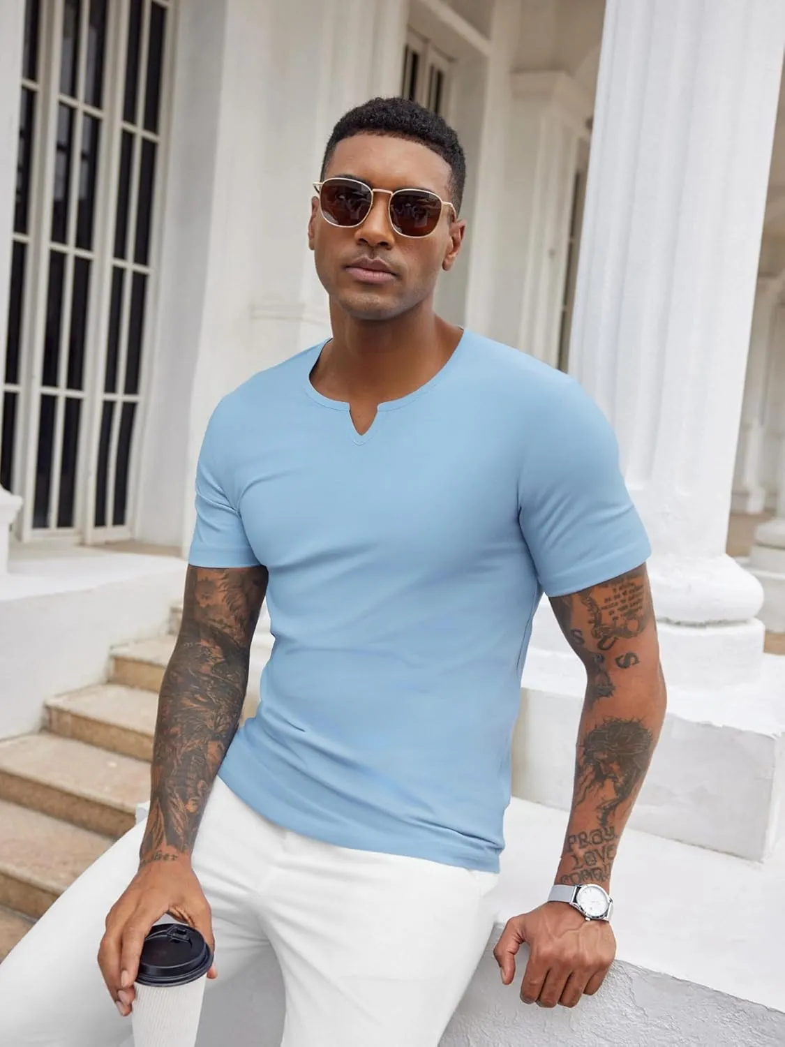 Men's Cotton T Shirts Short Sleeve Classic V Neck Tops Summer Casual Basic Tee Muscle Workout Shirt
