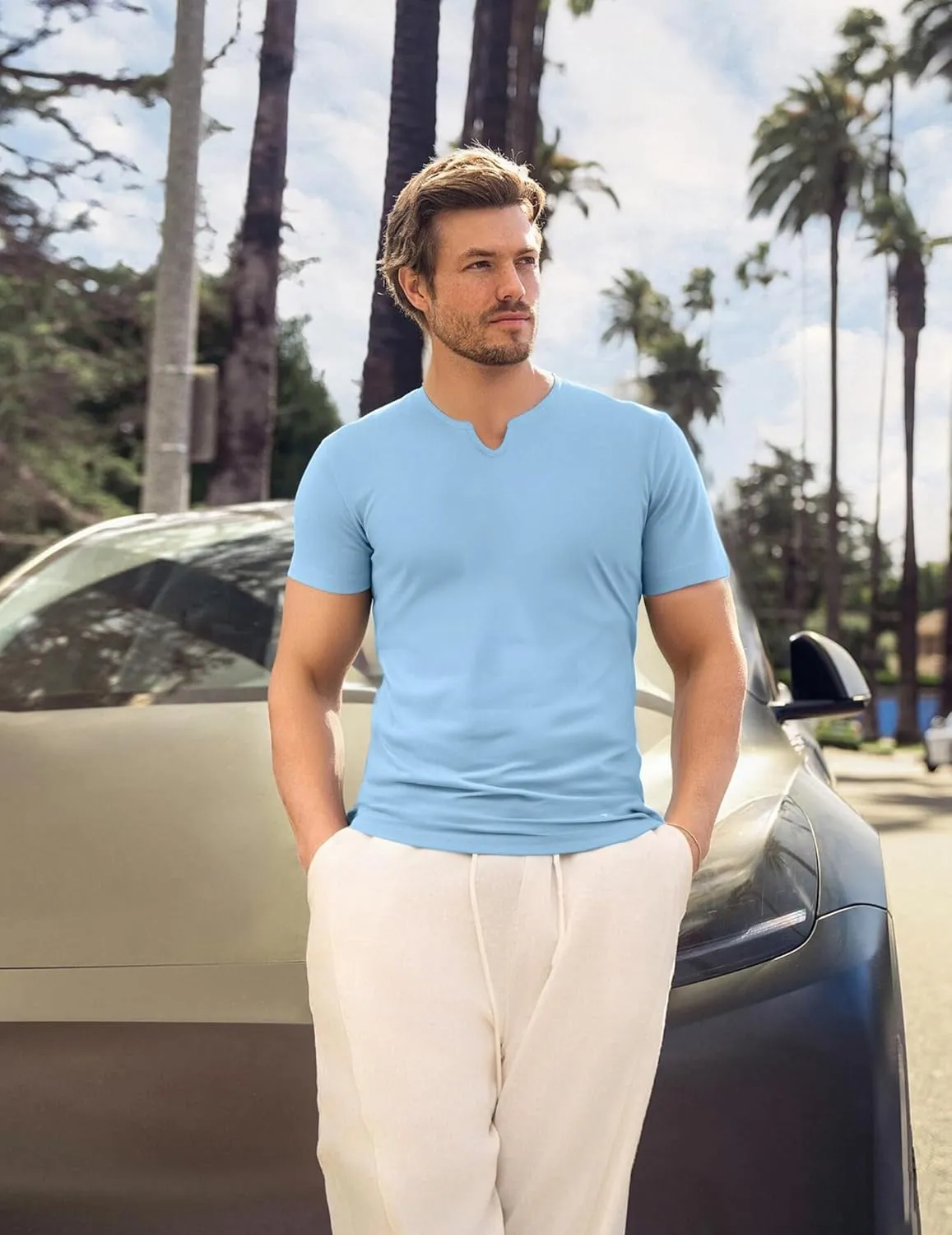Men's Cotton T Shirts Short Sleeve Classic V Neck Tops Summer Casual Basic Tee Muscle Workout Shirt