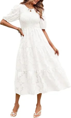 MEROKEETY Women's 2025 Summer Puff Sleeve Smocked Floral Dress Crewneck Lace Flowy Tiered Midi Dresses