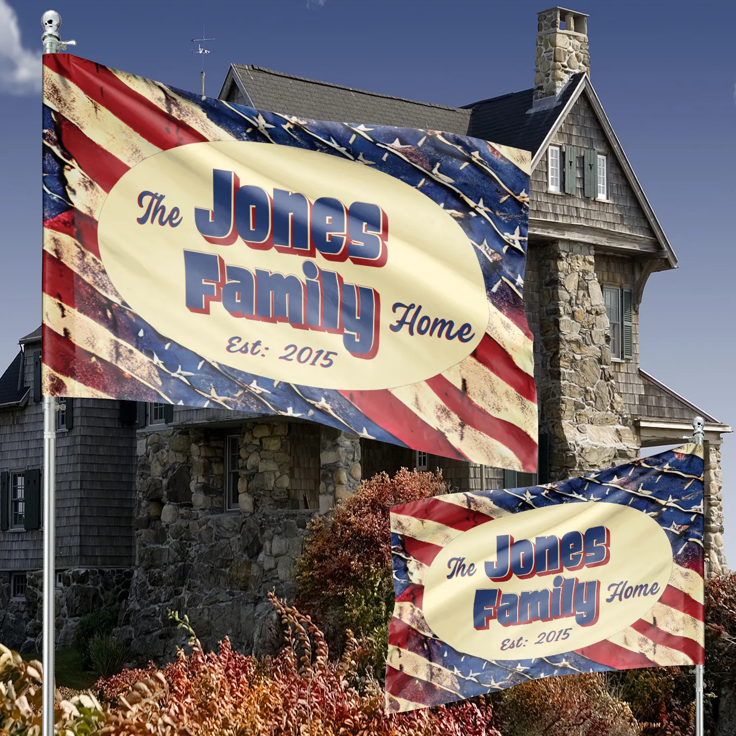 Personalized House Flag, Custom Family Last Name and Est Year, Patriotic American Garden Sign, Double Sided, Multiple Sizes, UV resistant, Polyester Garden Yard, Outdoor Decoration
