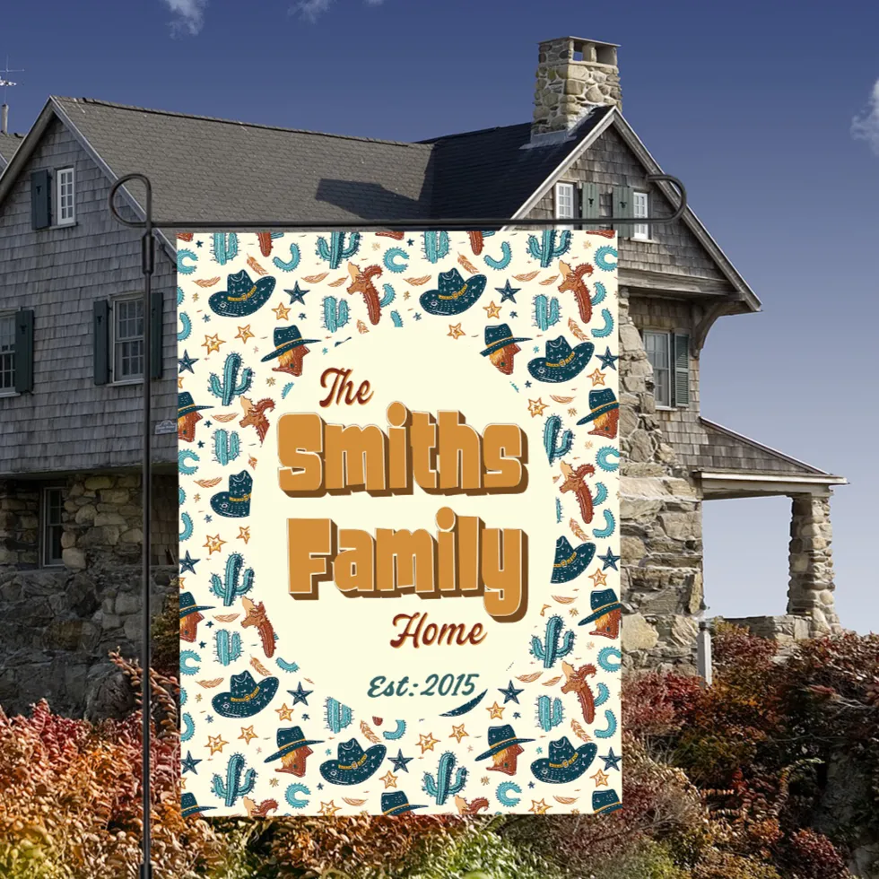 Personalized House Flag, Custom Family Last Name Established Year, Cowboy Garden Sign, Double Sided, Multiple Sizes, UV resistant, Polyester Garden Yard, Outdoor Decoration