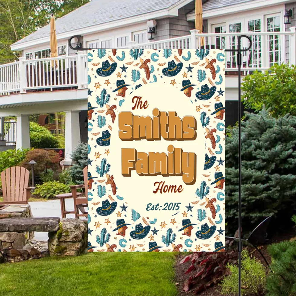 Personalized House Flag, Custom Family Last Name Established Year, Cowboy Garden Sign, Double Sided, Multiple Sizes, UV resistant, Polyester Garden Yard, Outdoor Decoration