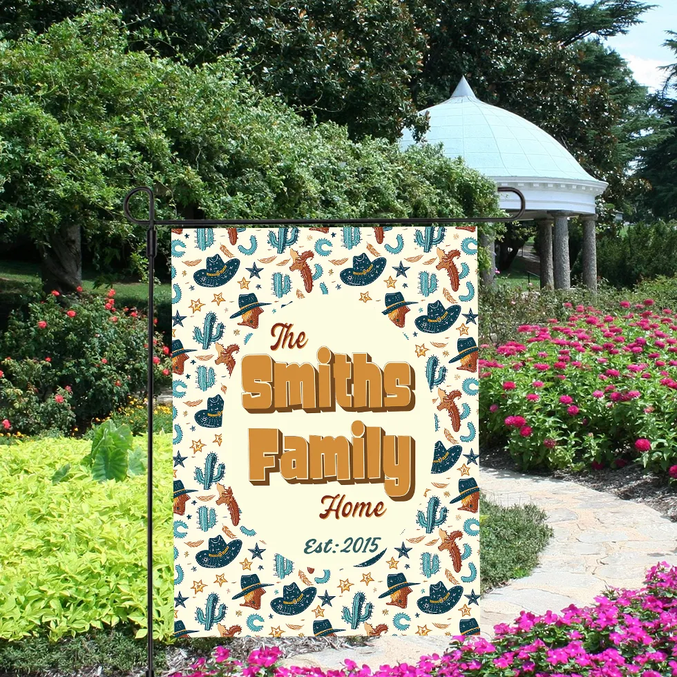 Personalized House Flag, Custom Family Last Name Established Year, Cowboy Garden Sign, Double Sided, Multiple Sizes, UV resistant, Polyester Garden Yard, Outdoor Decoration