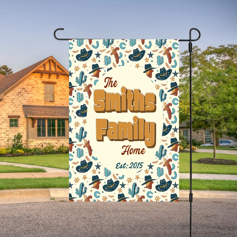 Personalized House Flag, Custom Family Last Name Established Year, Cowboy Garden Sign, Double Sided, Multiple Sizes, UV resistant, Polyester Garden Yard, Outdoor Decoration