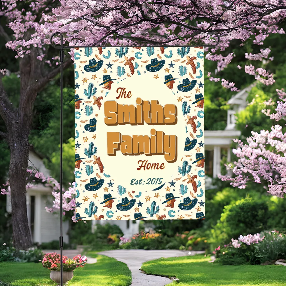 Personalized House Flag, Custom Family Last Name Established Year, Cowboy Garden Sign, Double Sided, Multiple Sizes, UV resistant, Polyester Garden Yard, Outdoor Decoration