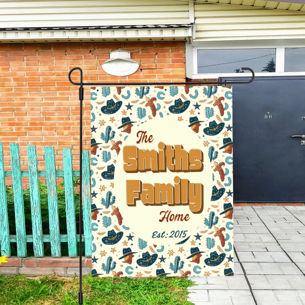 Personalized House Flag, Custom Family Last Name Established Year, Cowboy Garden Sign, Double Sided, Multiple Sizes, UV resistant, Polyester Garden Yard, Outdoor Decoration