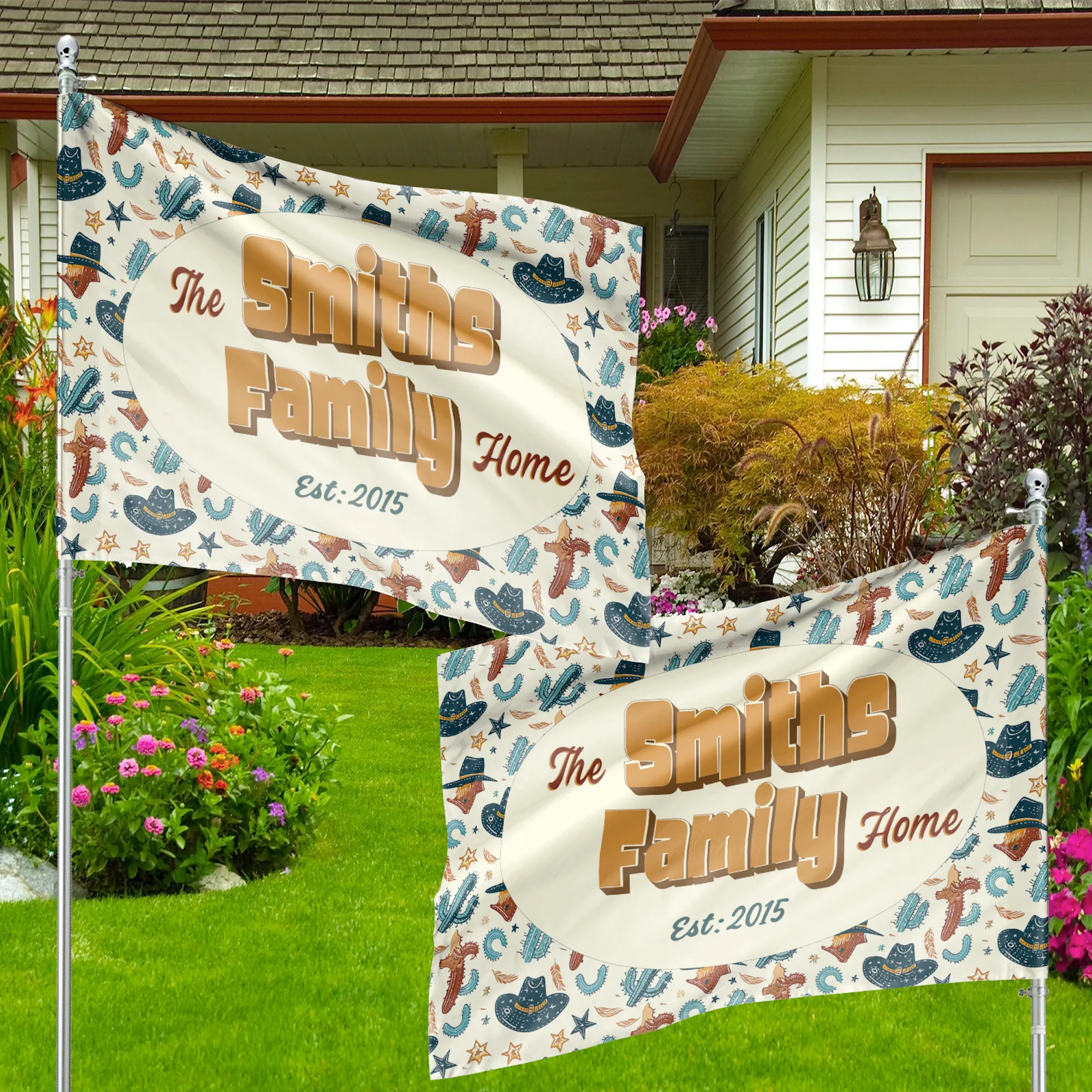 Personalized House Flag, Customized Family Last Name and Established Year, American Cowboy Garden Sign, Double Sided, Multiple Sizes, UV resistant, Polyester Garden Yard, Outdoor Decoration