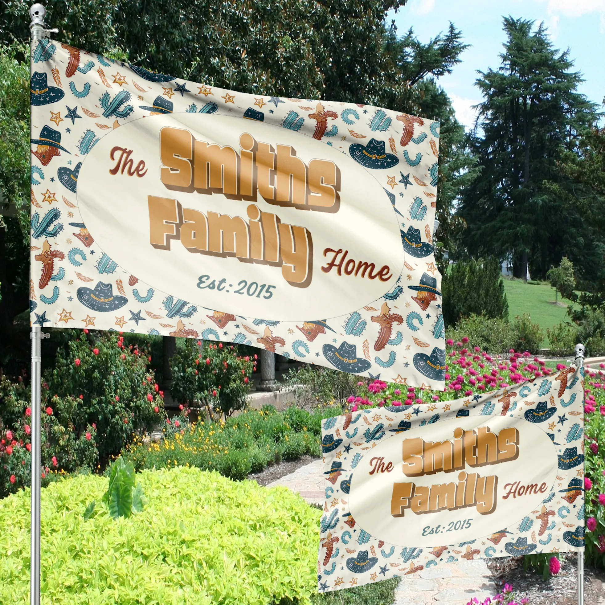 Personalized House Flag, Customized Family Last Name and Established Year, American Cowboy Garden Sign, Double Sided, Multiple Sizes, UV resistant, Polyester Garden Yard, Outdoor Decoration