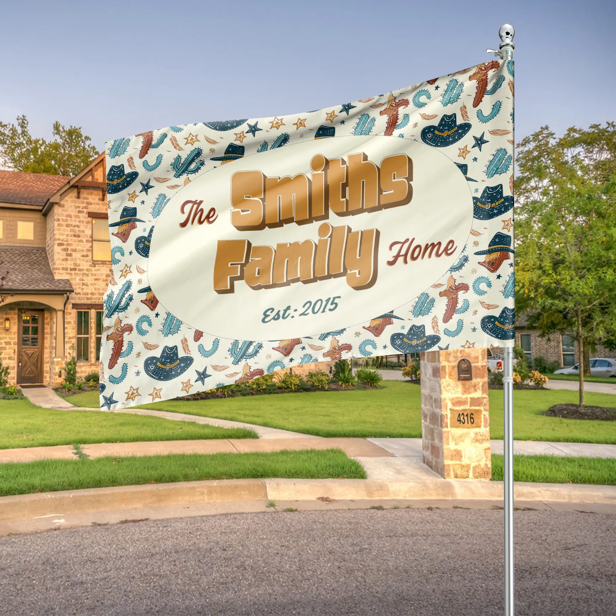 Personalized House Flag, Customized Family Last Name and Established Year, American Cowboy Garden Sign, Double Sided, Multiple Sizes, UV resistant, Polyester Garden Yard, Outdoor Decoration
